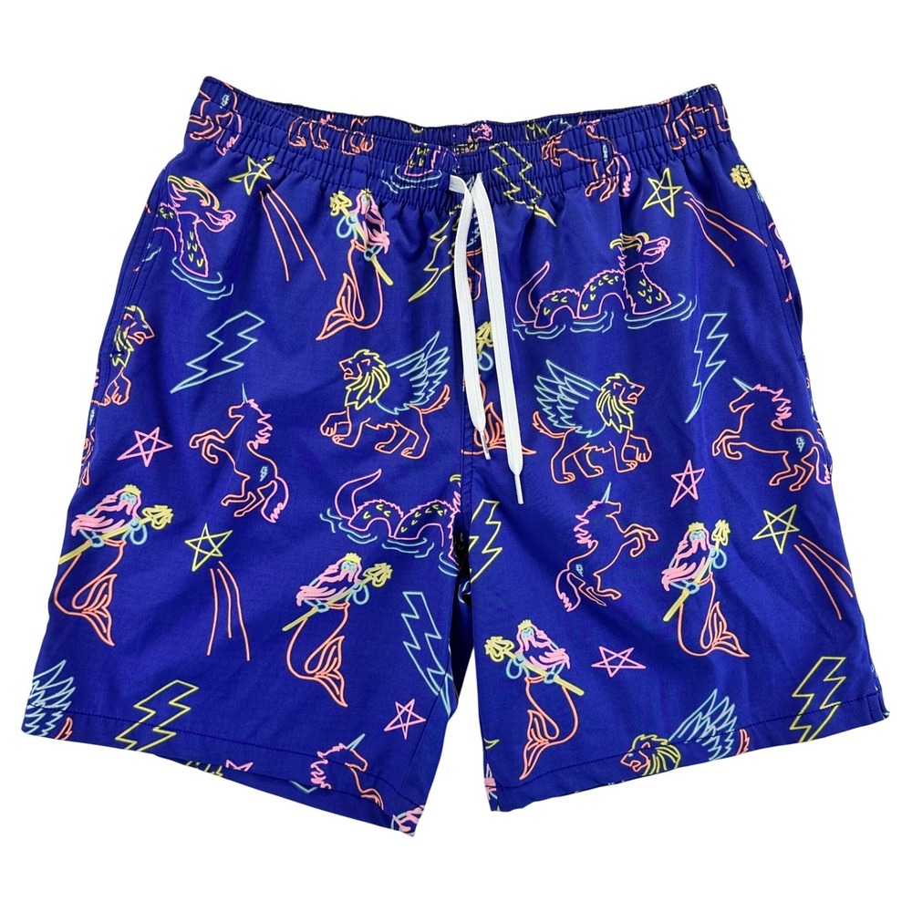 Chubbies Mens Purple Neon Mythical Print Swim Trunks Mesh Liner Large Funky Fun